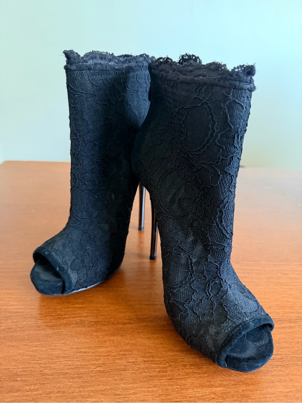BEBE Black Lace Peep Toe Stiletto Ankle Booties Heels Sz 7